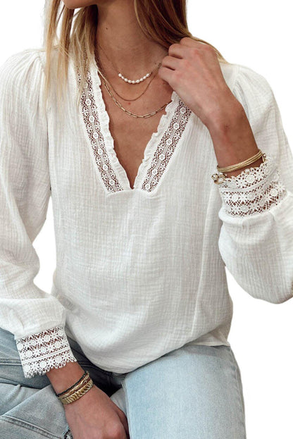 White Lace Patchwork Textured Blouse - L & M Kee, LLC