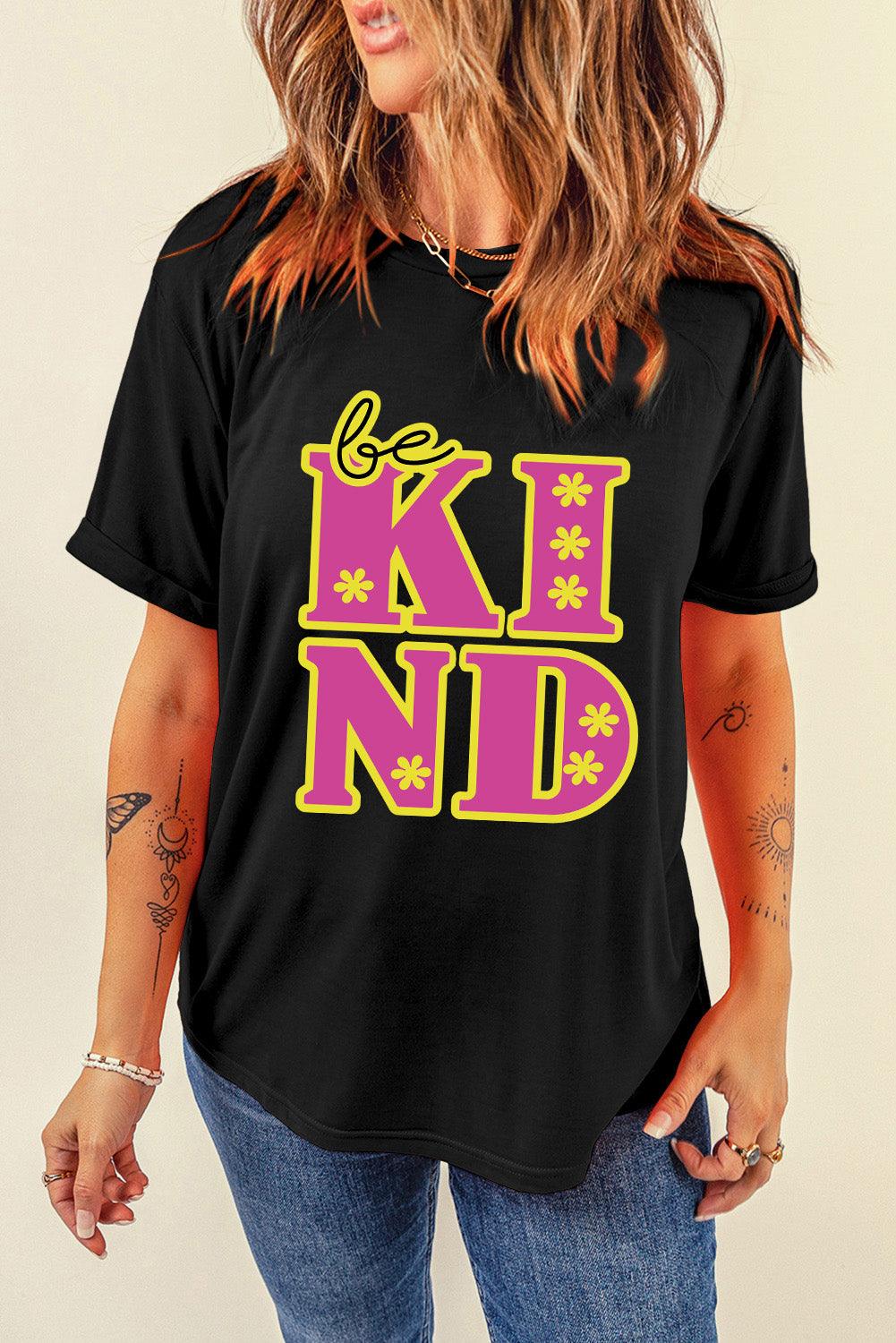 Black be KIND Flower Print Crew Neck T Shirt - L & M Kee, LLC