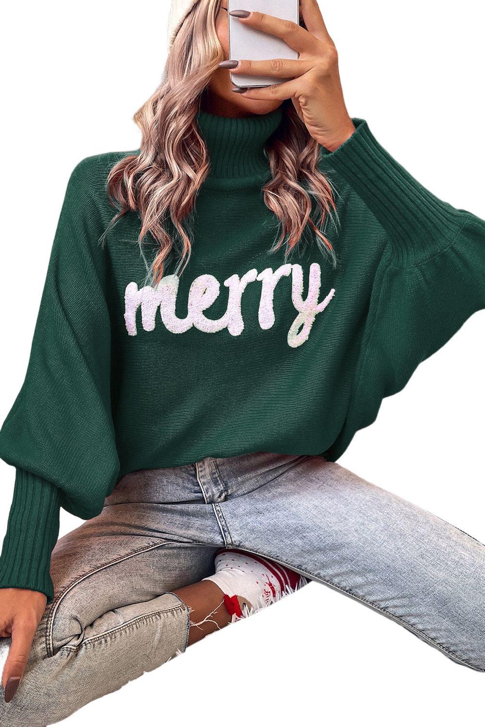 Red Merry Letter Embroidered High Neck Sweater - L & M Kee, LLC