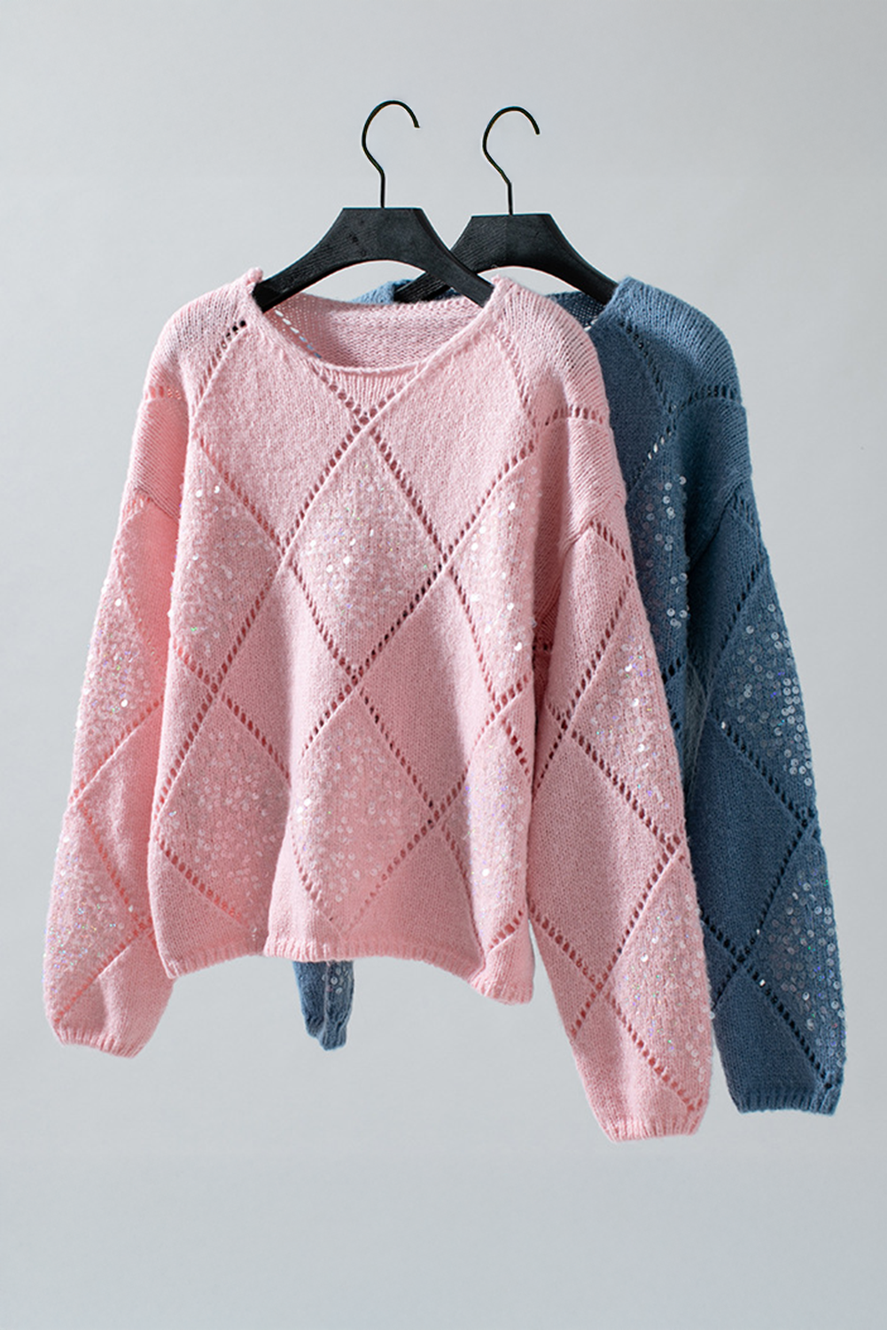 Light Pink Hollowed Rhombus Pattern Sequin Detail Round Neck Sweater