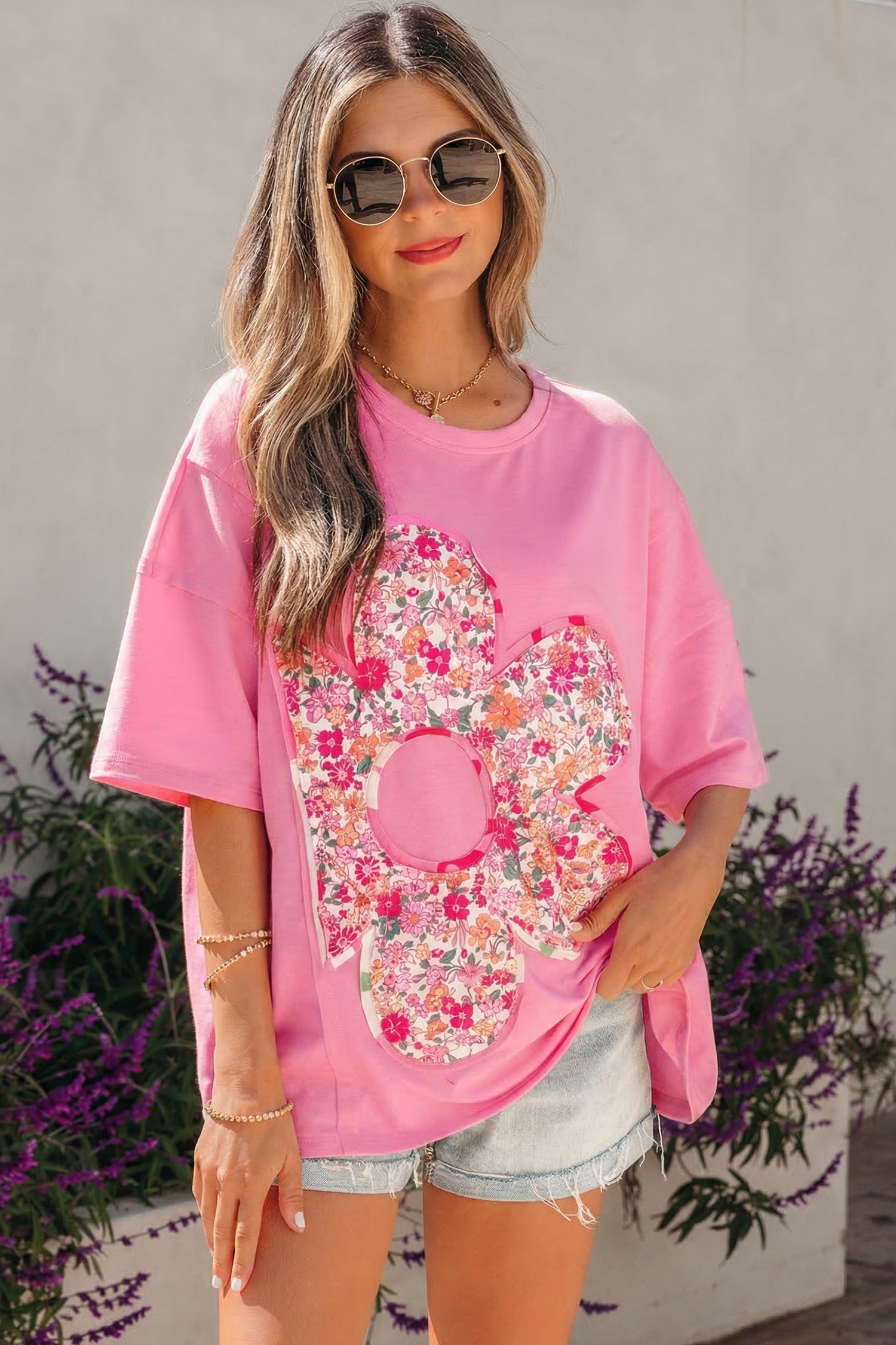 Bright Pink Floral Patched Raw Seam Big Flower Oversize Tee