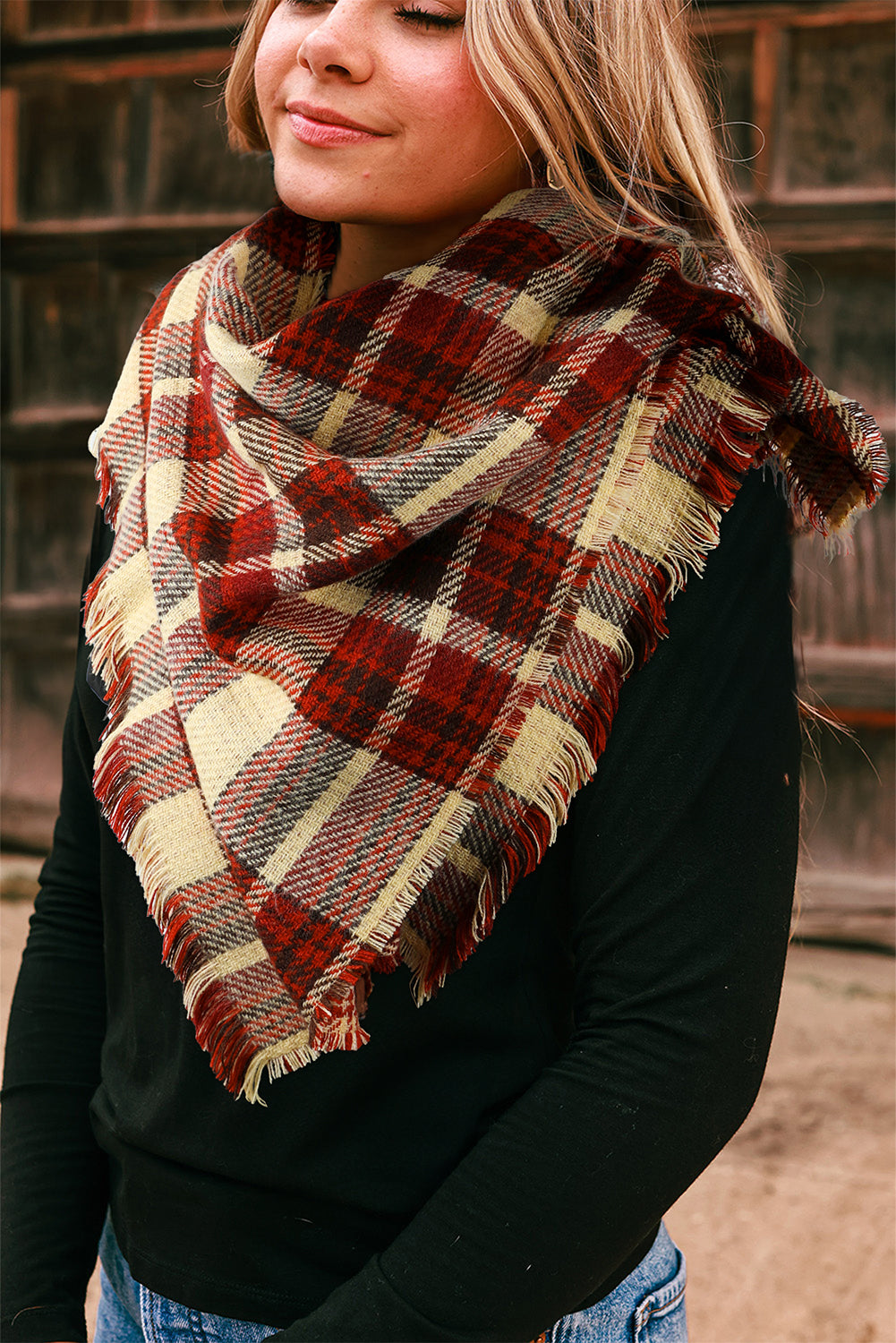 Red Clay Fringe Trim Reversible Plaid Houndstooth Pashmina Scarf