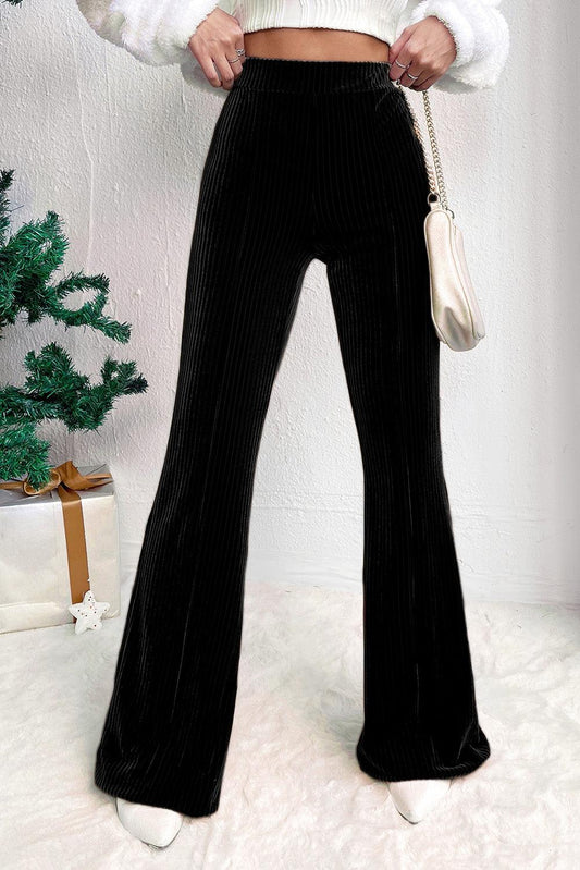 Black Solid Color High Waist Flare Corduroy Pants - L & M Kee, LLC