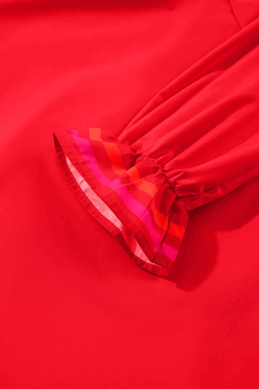 Fiery Red Striped Trim Ruffle Split Neck Long Sleeve Blouse