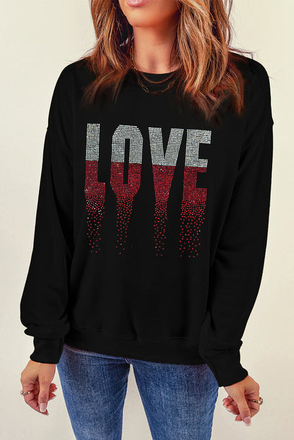 Black Rhinestone LOVE Graphic Crewneck Valentines Sweatshirt