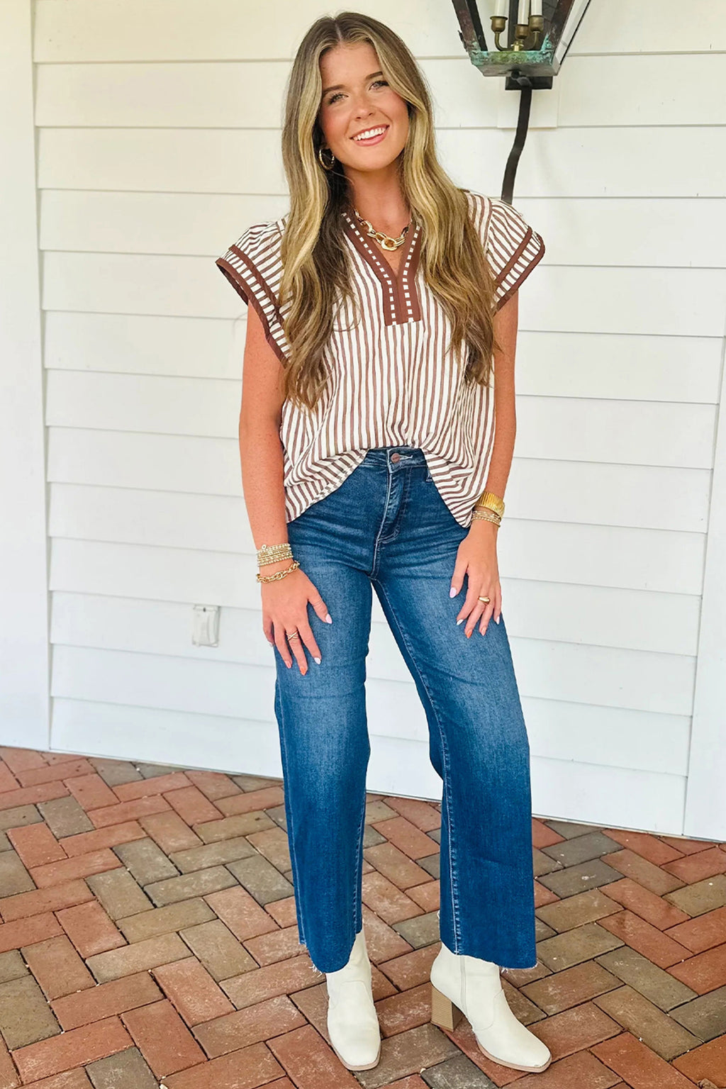 Khaki Stripe Double Ruffled Short Sleeve V Neck Blouse