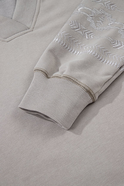 Parchment Aztec Embroidered Western V Neck Sweatshirt