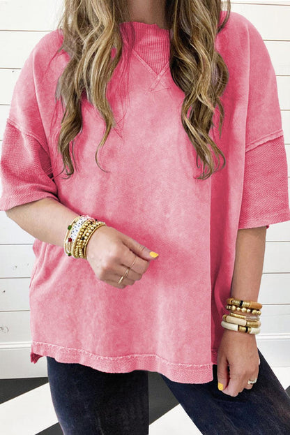 Strawberry Pink Mineral Wash Drop Sleeve Patchwork Plus Tee - L & M Kee, LLC