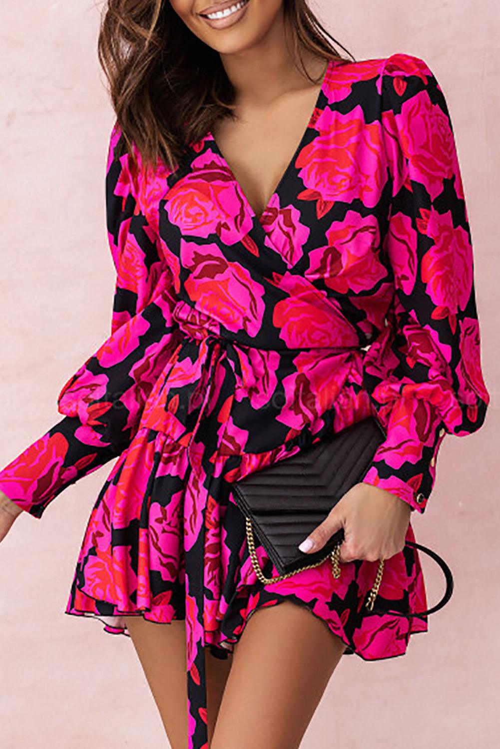 Floral Print V Neck Wrap Bishop Sleeve Ruffle Tiered Mini Dress - L & M Kee, LLC