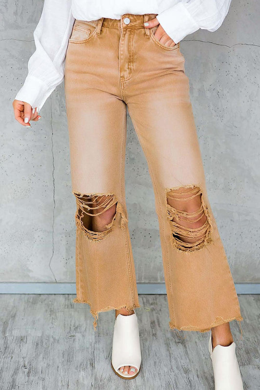 Brown Distressed Hollow-out High Waist Cropped Flare Jeans - L & M Kee, LLC