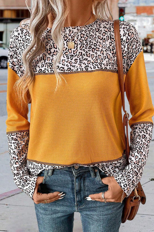 Vitality Orange Leopard Print Waffle Knit Patchwork Top - L & M Kee, LLC