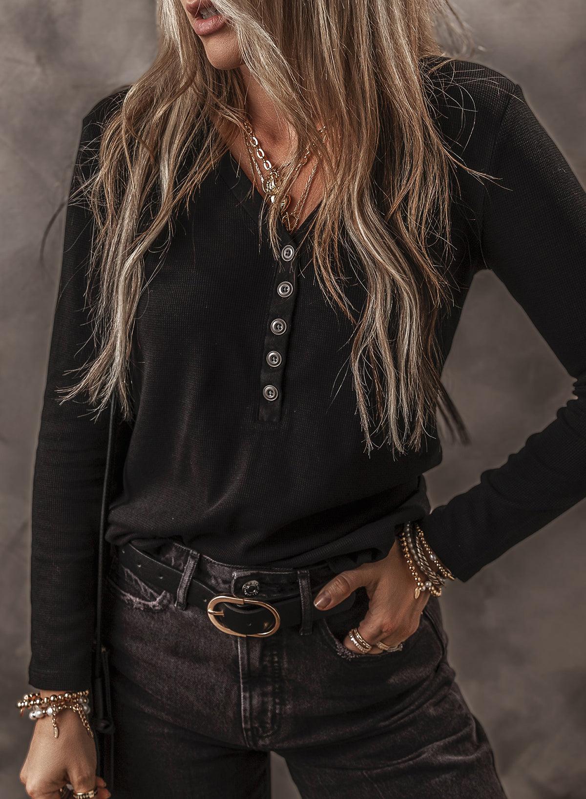 Black Buttoned V Neck Long Sleeve Ribbed Top - L & M Kee, LLC