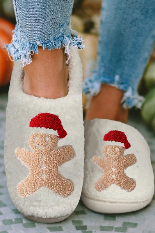 White Christmas Gingerbread Man Plush Home Slippers - L & M Kee, LLC