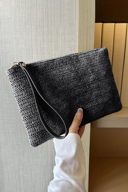 Black Straw Woven Wrist Strap Zipper Large Wallet - L & M Kee, LLC