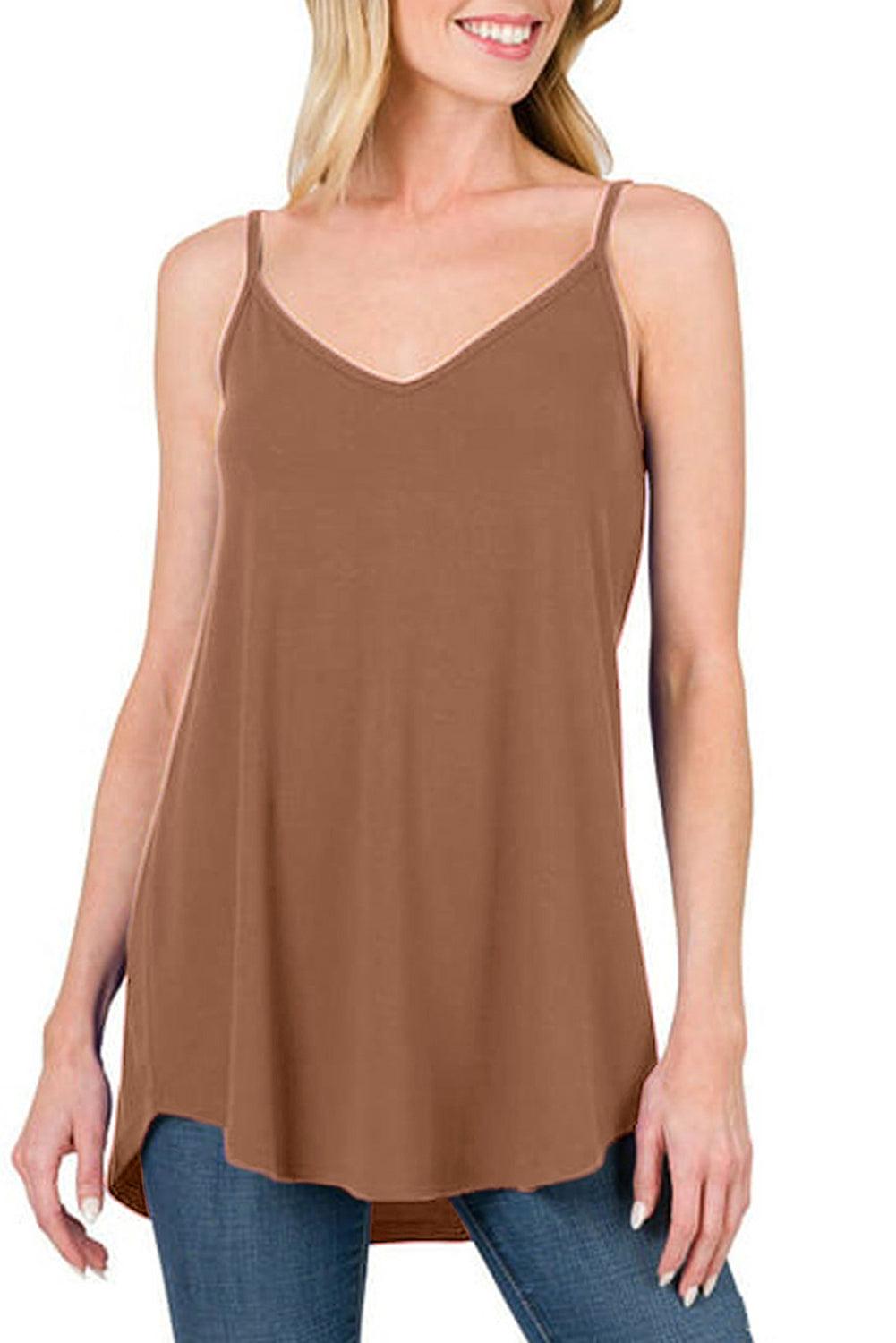 Chestnut Spaghetti Strap V-Neck Flowy Tunic Tank Top - L & M Kee, LLC