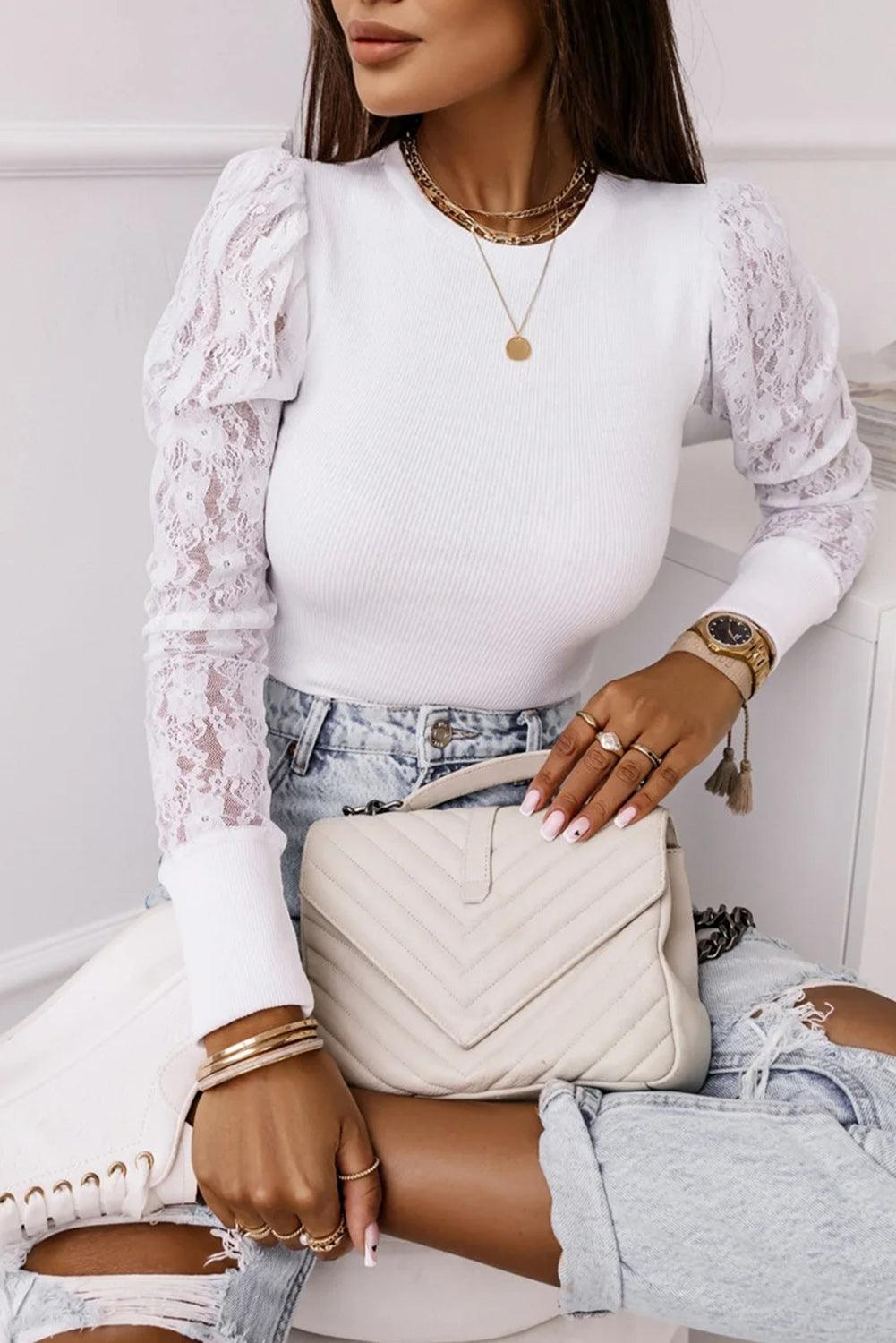 White Lace Splicing Sleeve Ribbed Slim Top - L & M Kee, LLC