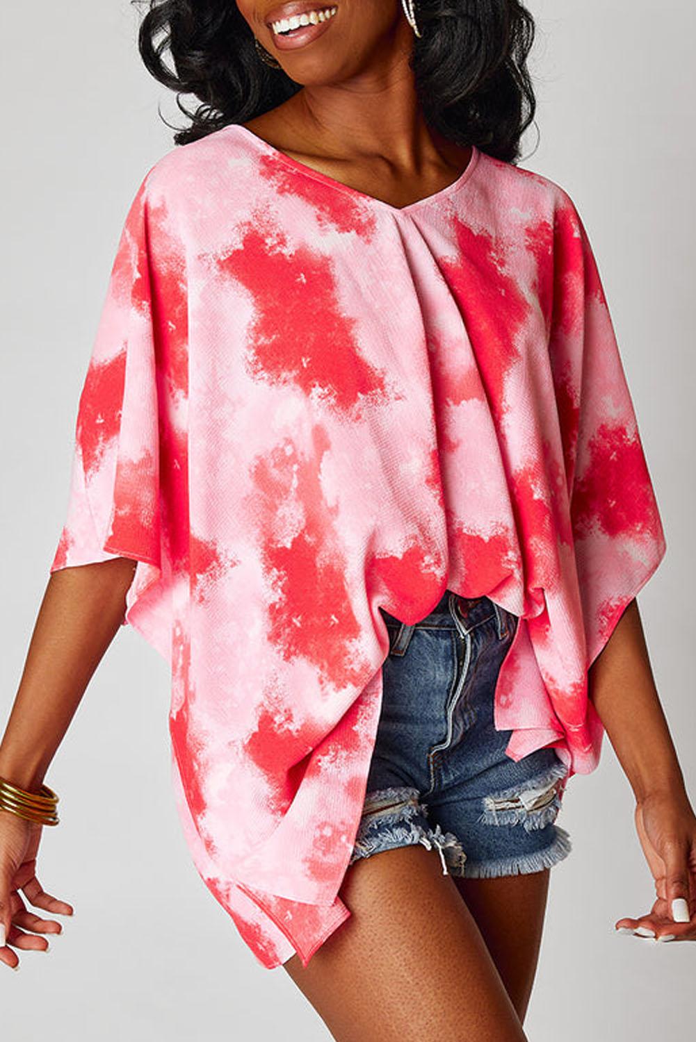 Red Plus Size Tie-dye Print 3/4 Sleeve Tunic Top - L & M Kee, LLC