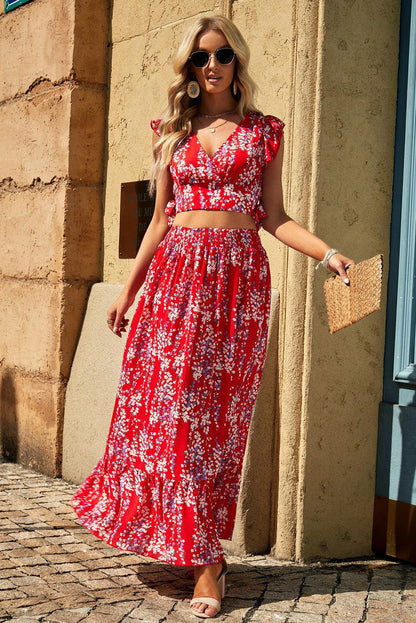 White Floral Ruffled Crop Top and Maxi Skirt Set - L & M Kee, LLC