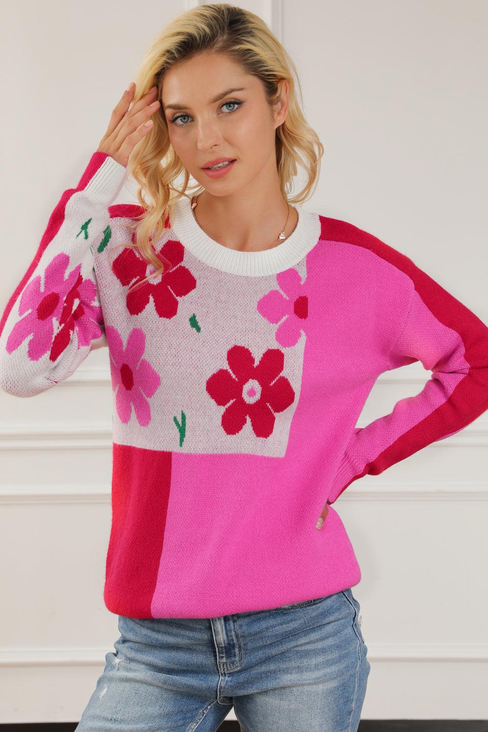 Rose Red Floral Mixed Color Block Sweater - L & M Kee, LLC