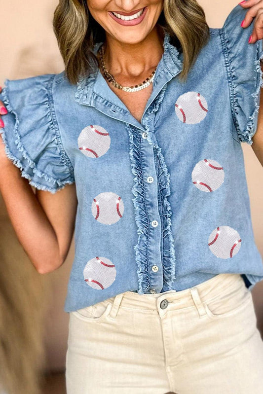 Beau Blue Sequin Baseball Graphic Button Up Ruffled Sleeve Frayed Denim Top