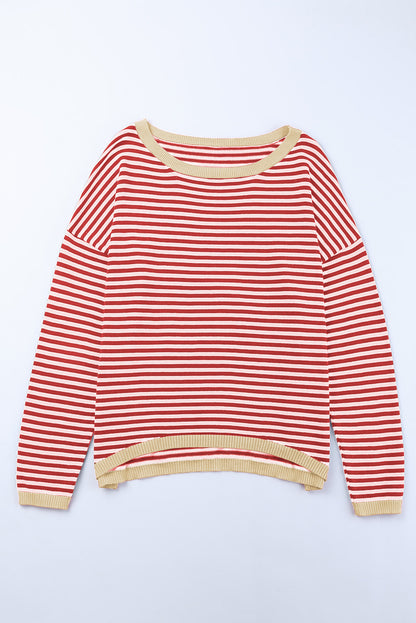 Fiery Red Contrast Trimmed Striped Drop Shoulder Sweater