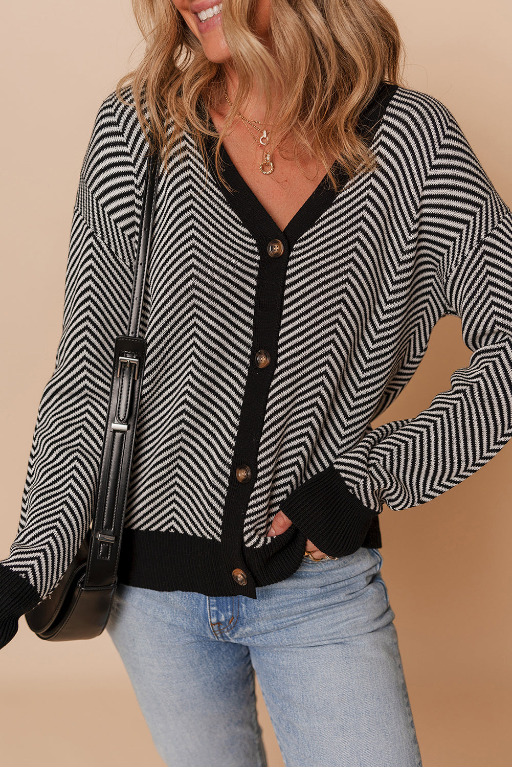 Brown Stripe Buttoned Front V Neck Herringbone Cardigan