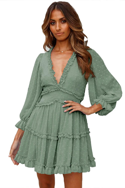 Green Layered Ruffled Open Back Puff Sleeve Swiss Dot Mini Dress - L & M Kee, LLC