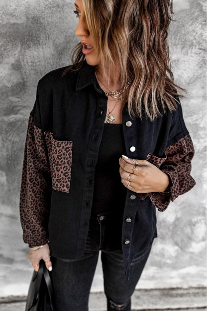 Blank Apparel - Black Contrast Leopard Denim Jacket - L & M Kee, LLC