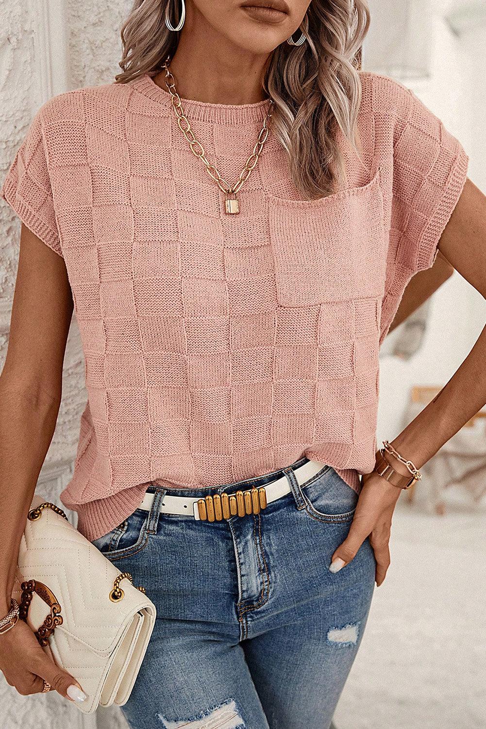 Dusty Pink Lattice Textured Knit Short Sleeve Sweater - L & M Kee, LLC