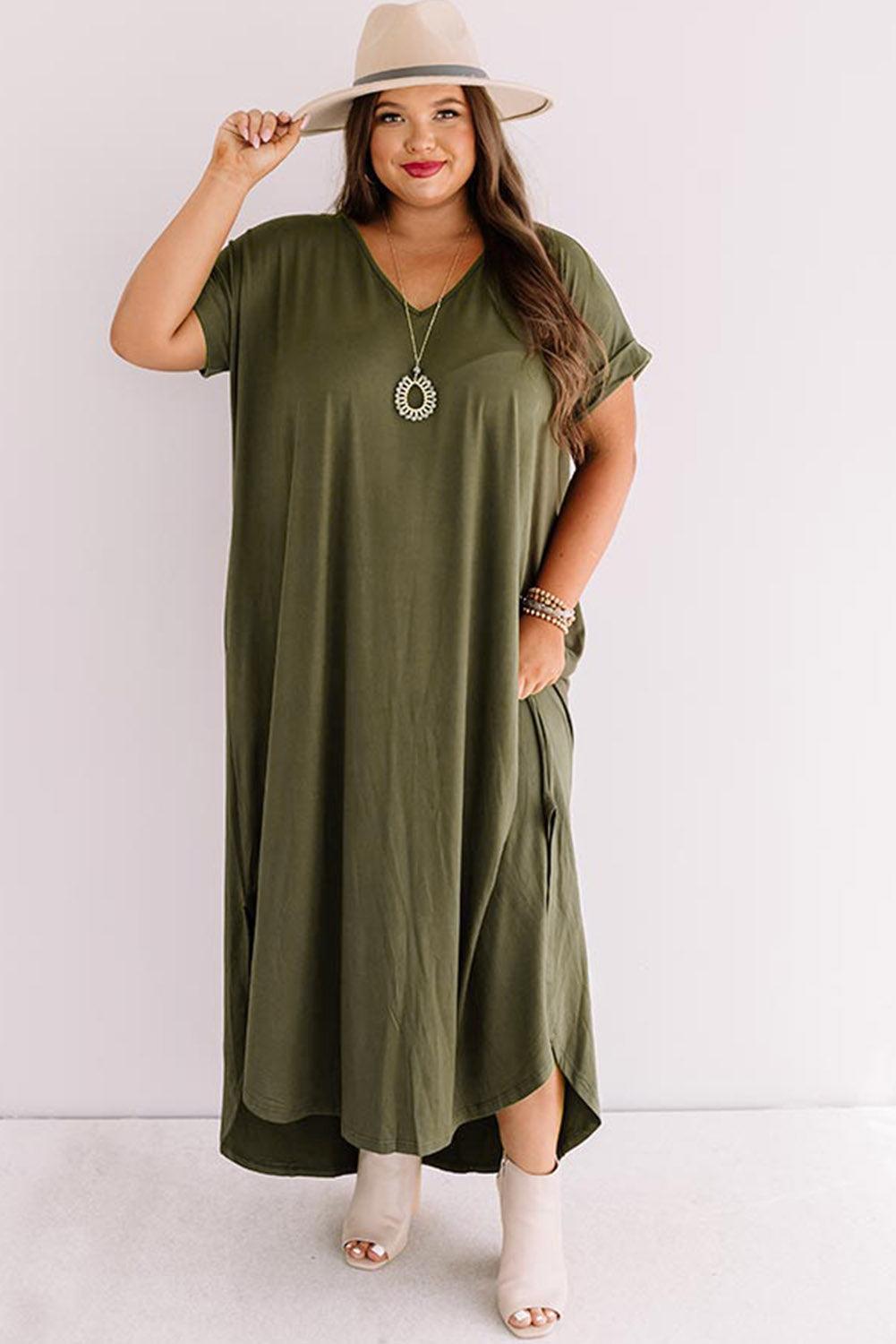 Plus Size V Neck Rolled Cuffs Maxi Dress - L & M Kee, LLC