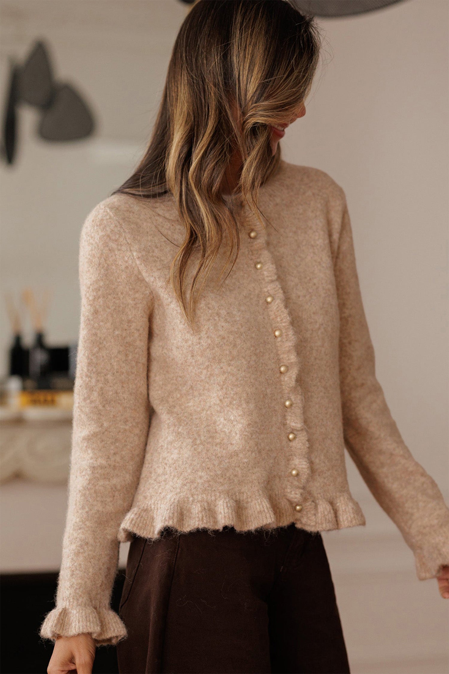 Oatmeal Ruffle Trim Gold Button Sweater Cardigan