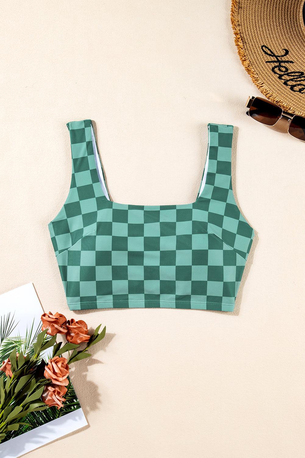 Green Checkered Print Square Neck Cropped Swim Top - L & M Kee, LLC