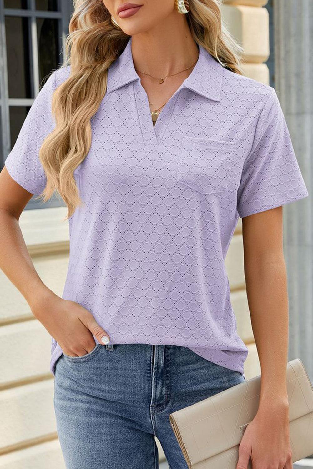 Orchid Petal Eyelet Textured Polo Shirt - L & M Kee, LLC