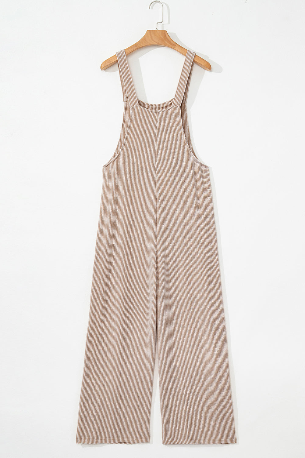 Parchment Ribbed Knit Patched Pocket Wide Leg Overalls