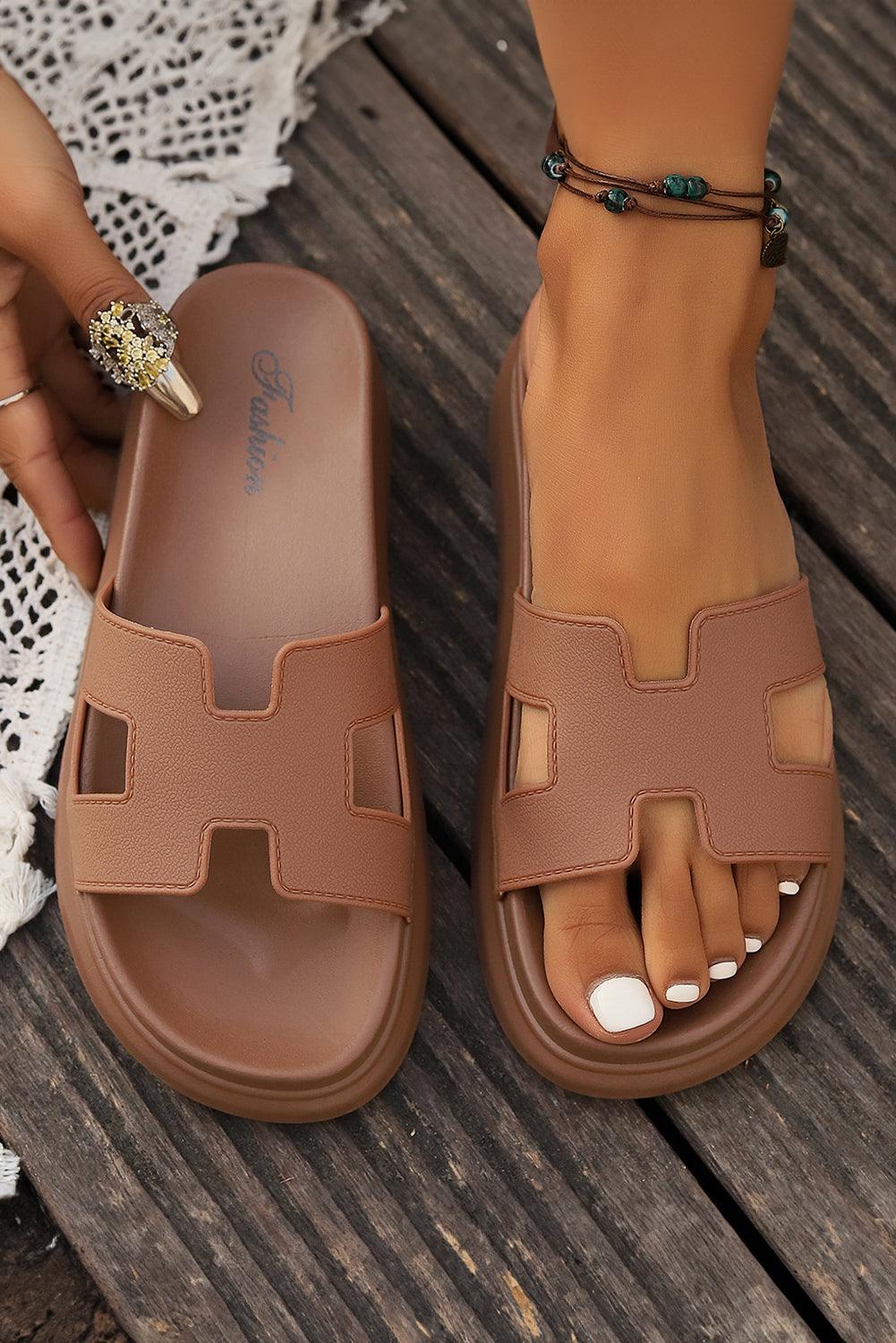 Chestnut Cutout Design Open Toe Platform Slippers - L & M Kee, LLC