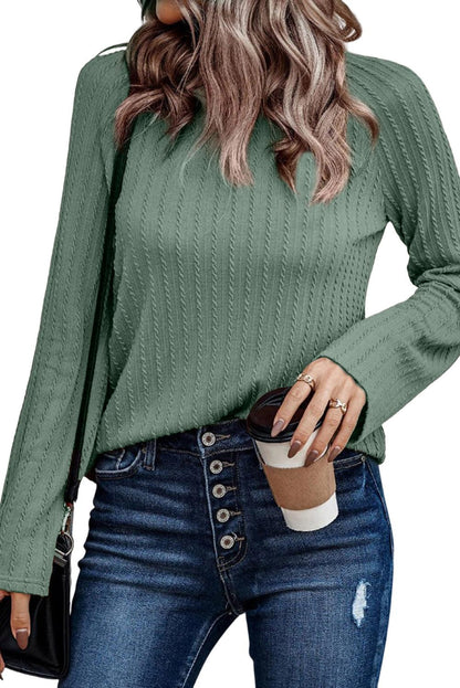 Khaki Ribbed Round Neck Knit Long Sleeve Top - L & M Kee, LLC