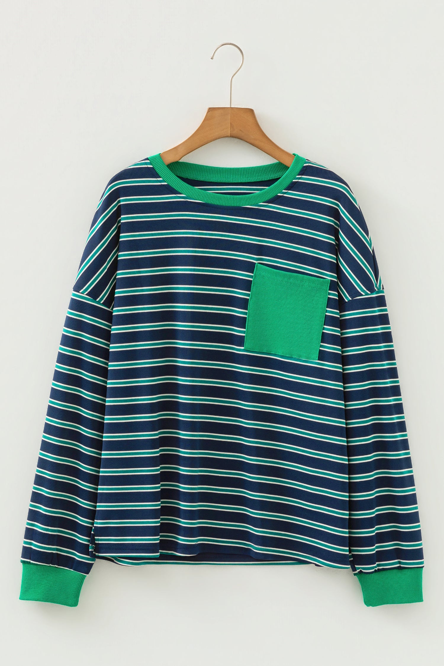 Green Stripe Ribbed Color Block Patchwork Crew Neck Patch Pocket Long Sleeve Top