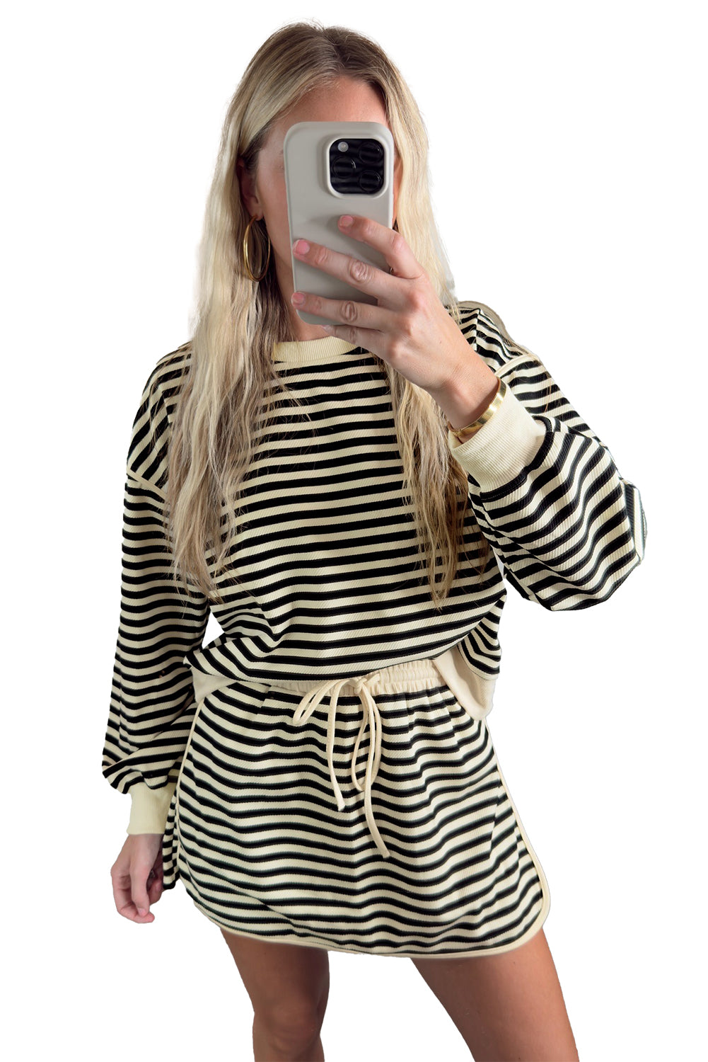 Black Stripe Textured Drop Shoulder Pullover Top Drawstring Mini Skirt Two Piece Dress Set
