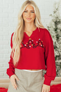 Tomato Red Christmas Tree Embroidered Notched Neck Cropped Sweatshirt