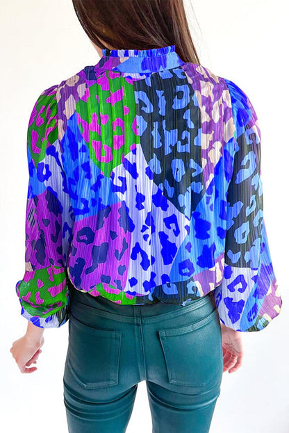 Sky Blue Leopard Patchwork Print Pleated Blouse - L & M Kee, LLC