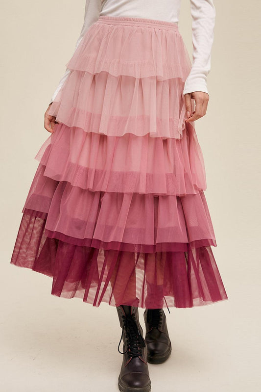 Pink Gradient Ruffle Tiered Mesh Maxi Skirt - L & M Kee, LLC