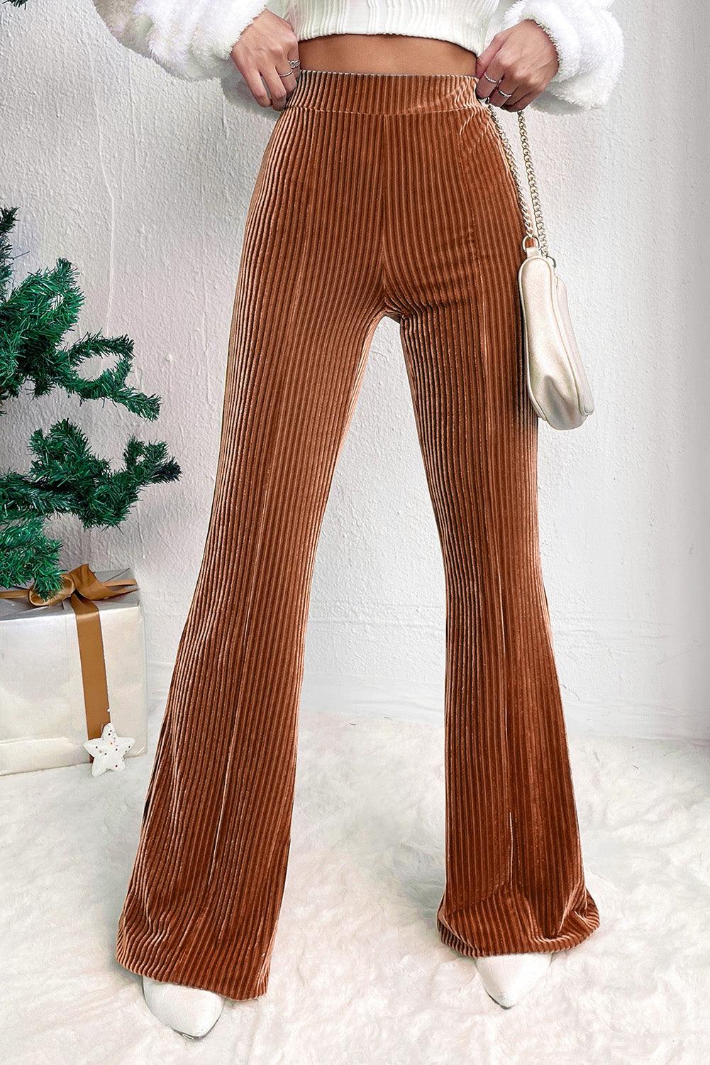 Chestnut Solid Color High Waist Flare Corduroy Pants - L & M Kee, LLC