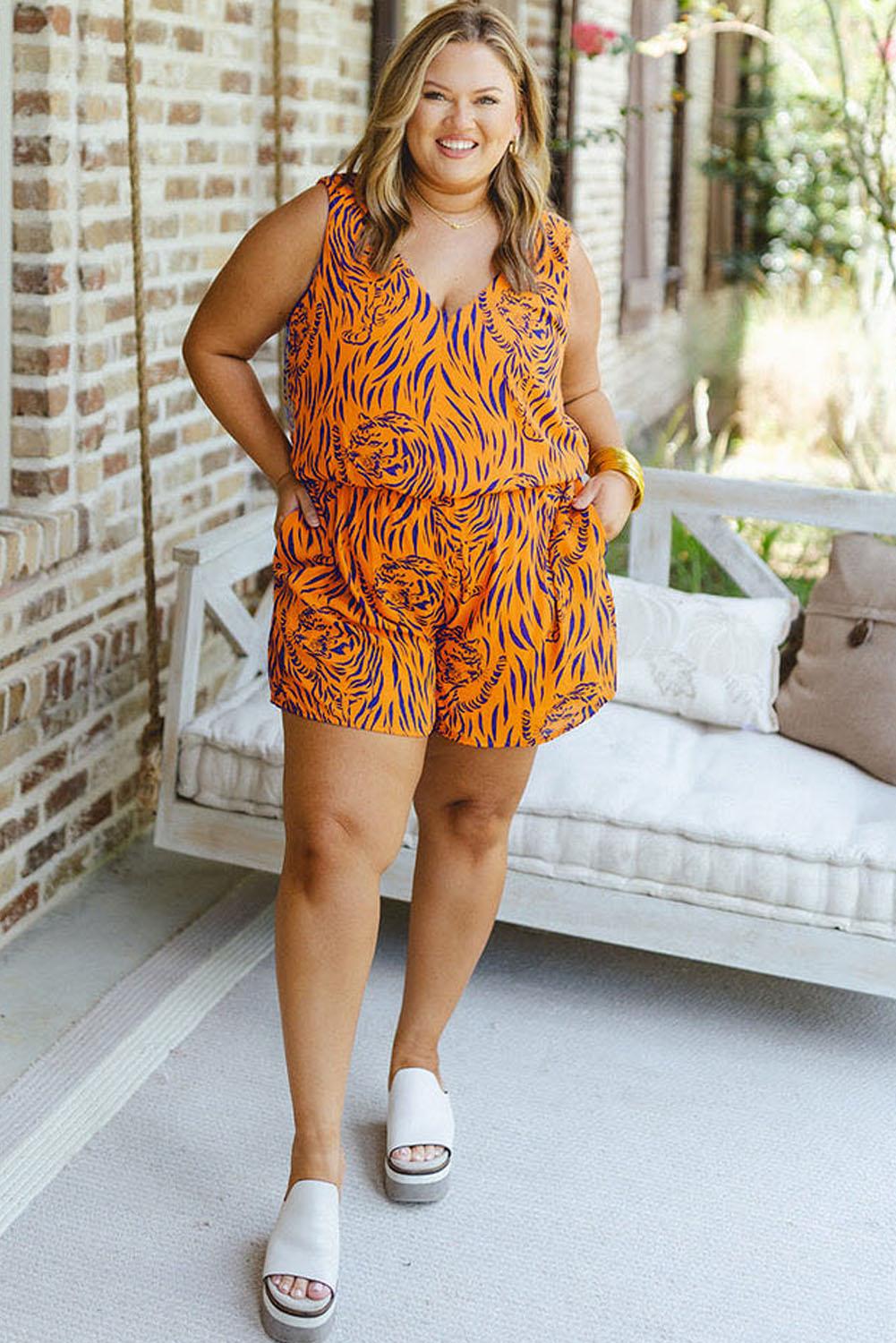 Yellow Plus Size Tiger Print Sleeveless V Neck Romper - L & M Kee, LLC