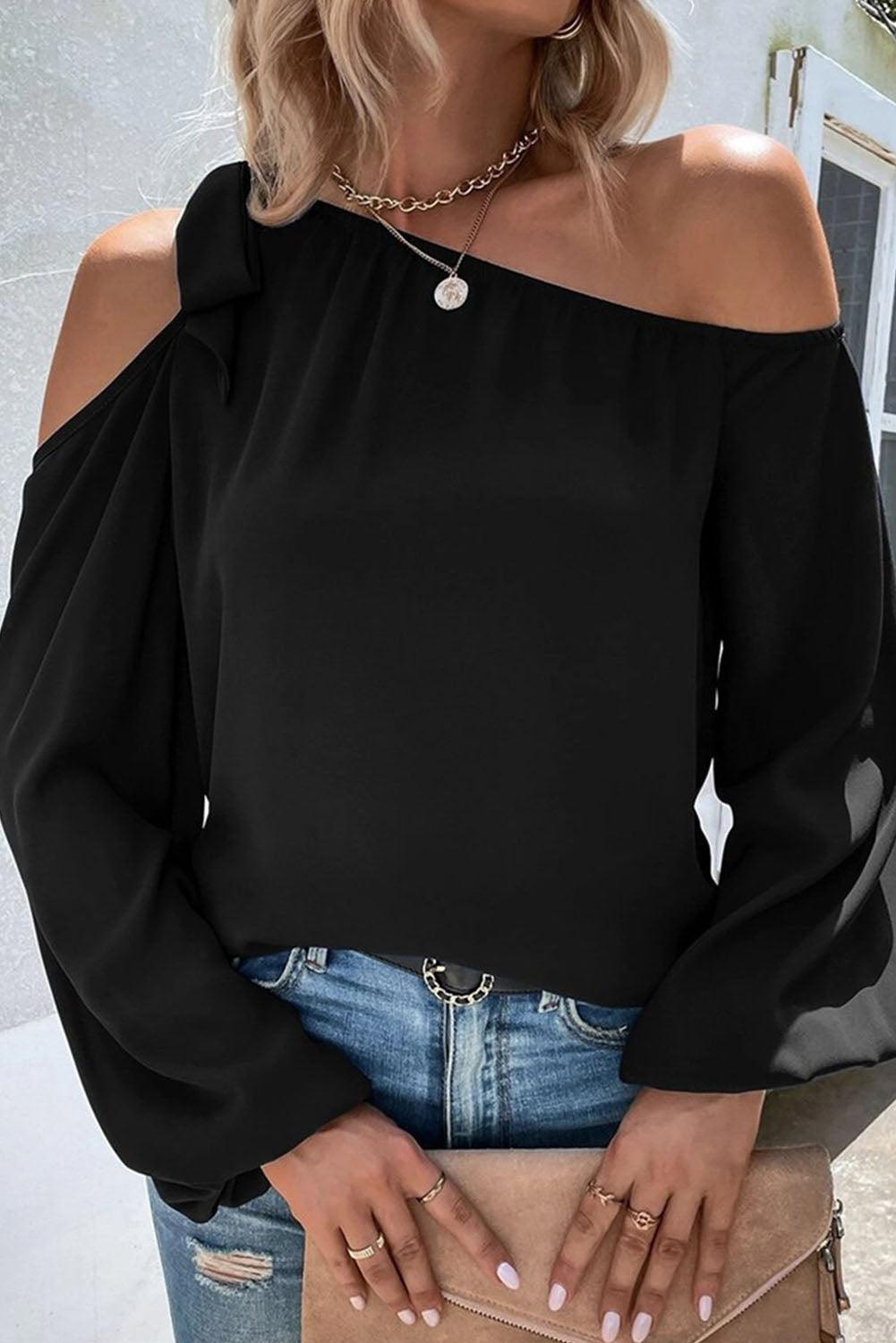 Knotted Asymmetric Off Shoulder Blouse - L & M Kee, LLC