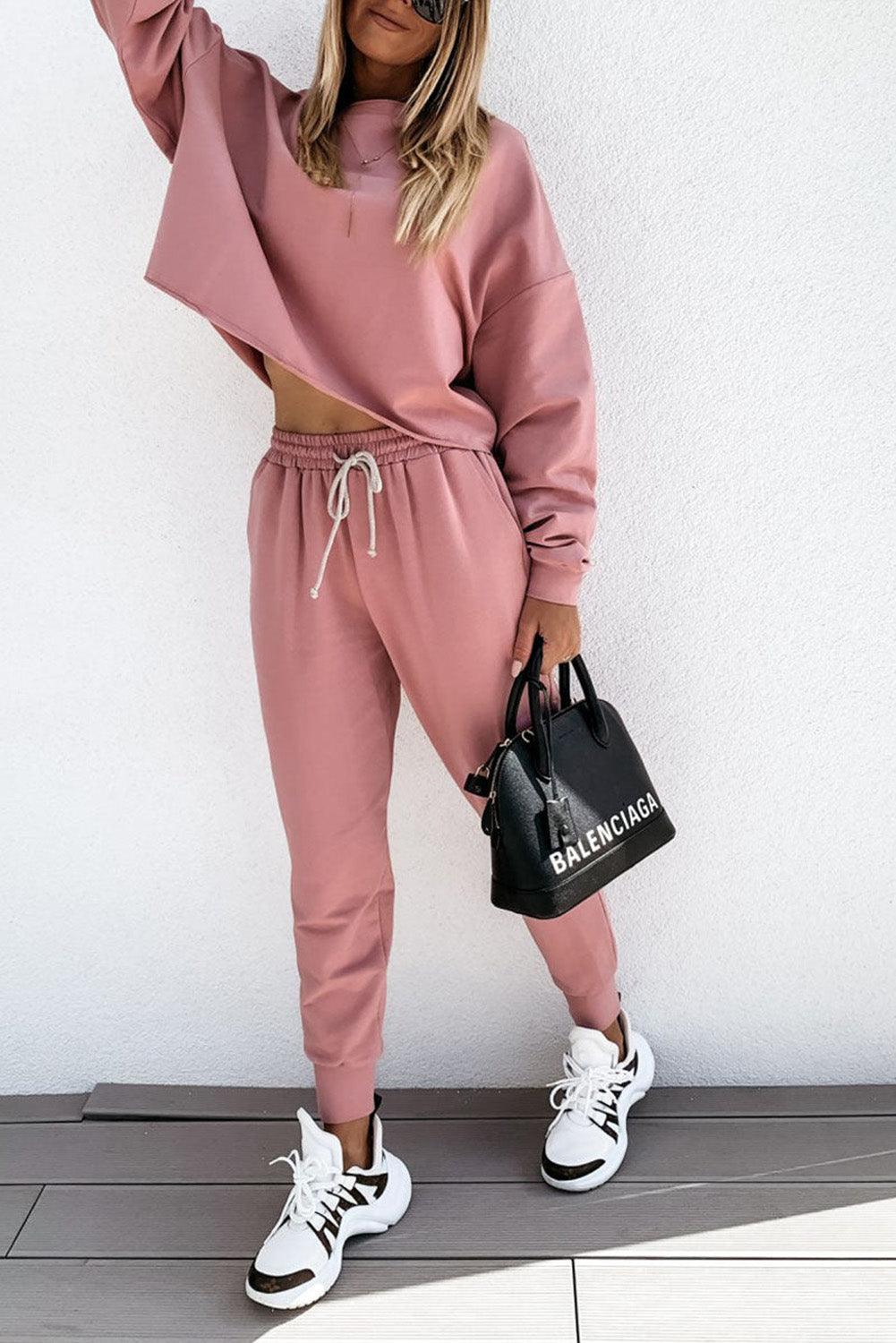 Pink Solid Sport Boxy Fit Pullover & Pants Outfit - L & M Kee, LLC