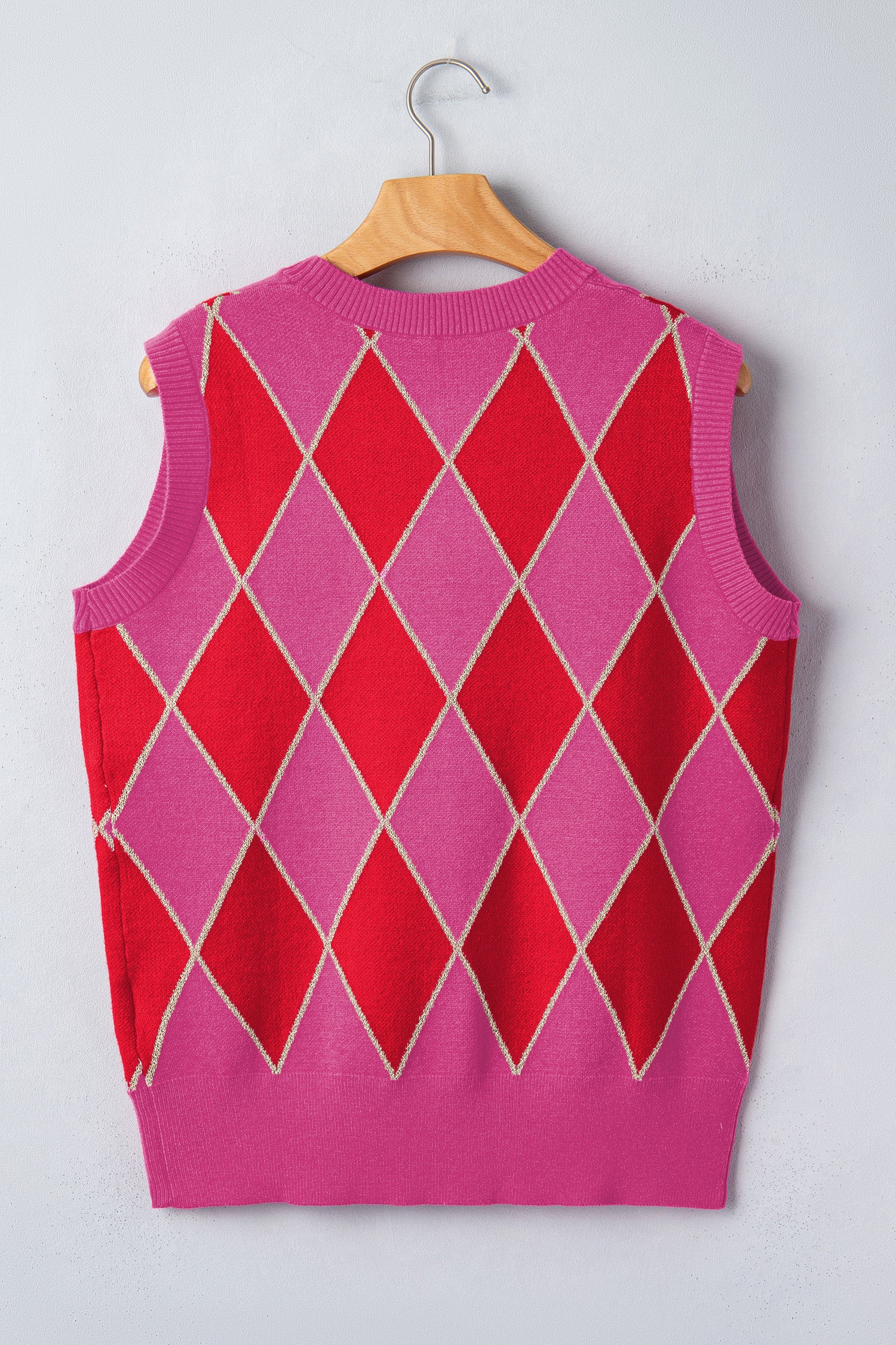 Rose Glitter Trim Rhombus Pattern Knit Sweater Vest