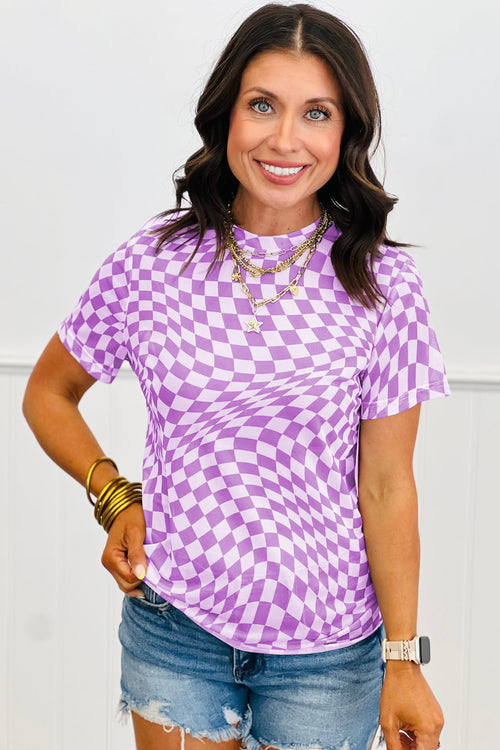 Purple Checkered Print Mock Neck Mesh T Shirt