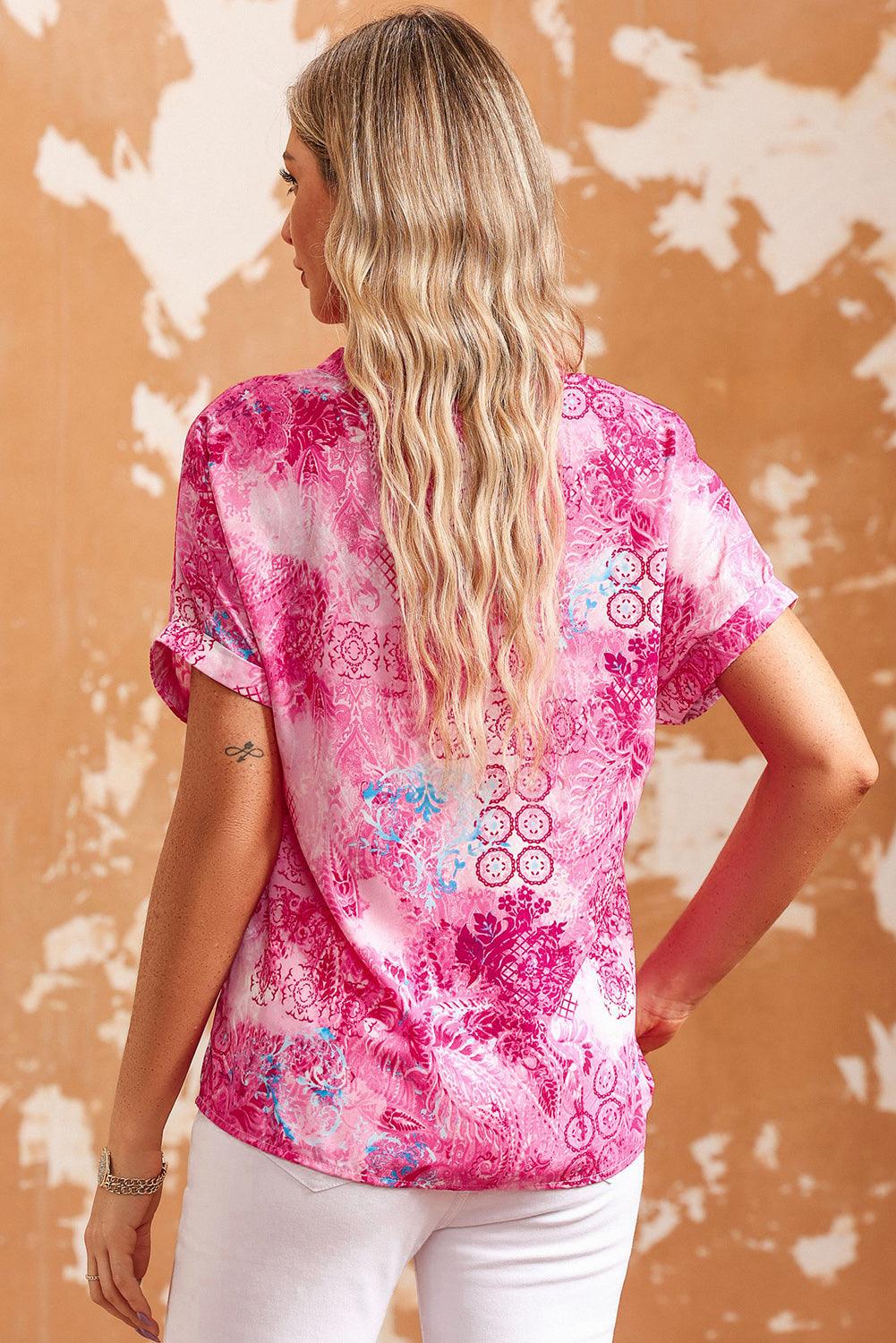 Pink Abstract Floral Print Notch V Neck Rolled Short Sleeve Blouse - L & M Kee, LLC