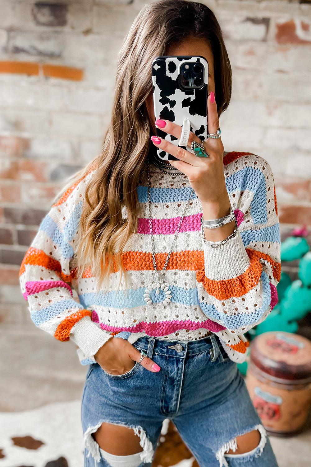 Multicolor Striped Hollowed Knitted Loose Sweater - L & M Kee, LLC