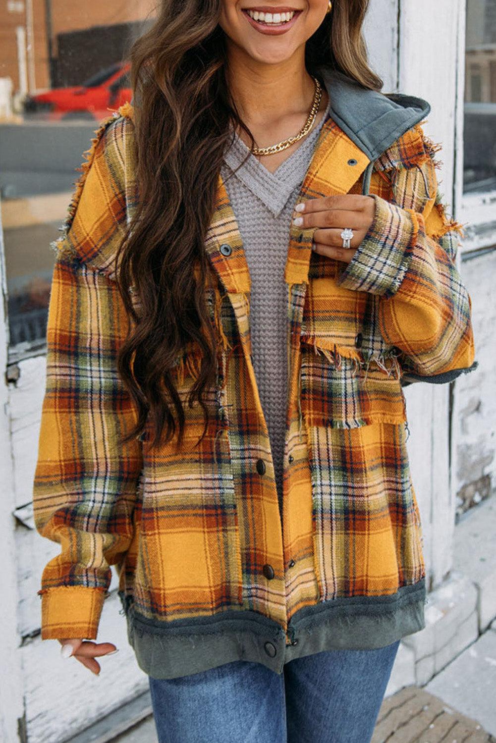 Orange Plaid Patch Hooded Frayed Snap Button Jacket - L & M Kee, LLC
